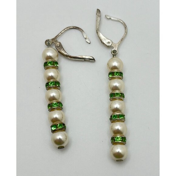 Faux Pearl Dangle Earrings Silver Tone Green Beaded Drop Line - Picture 6 of 6